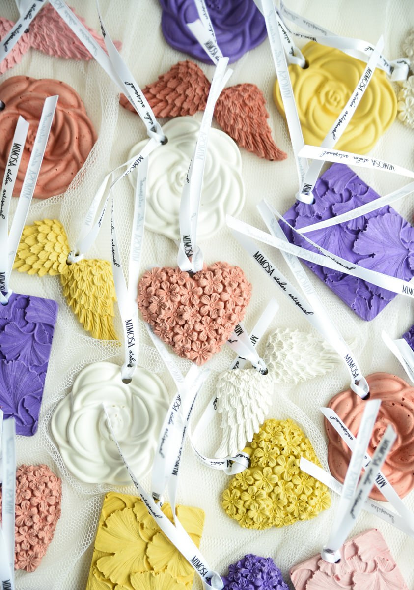 Colorful plaster sachets in rose, heart, and wing shapes