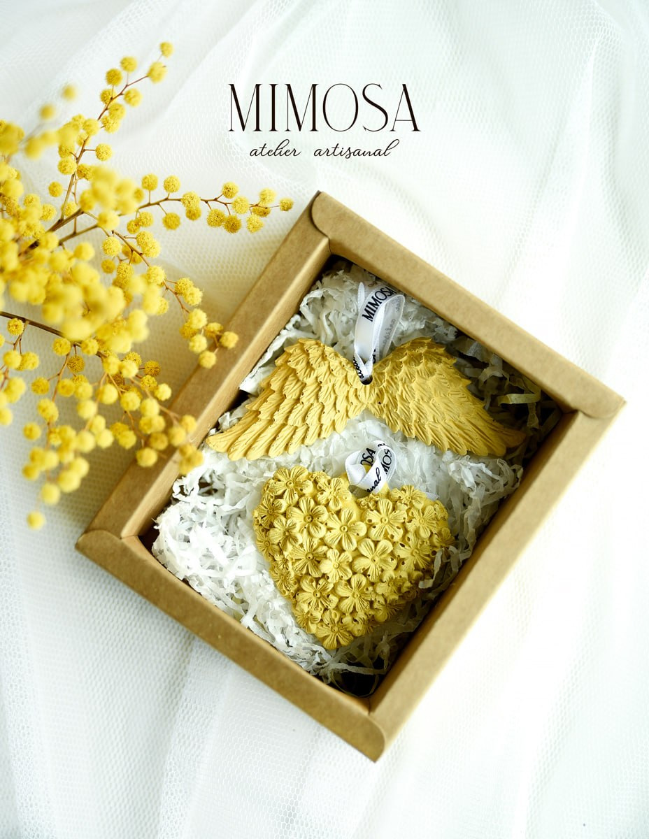 MIMOSA plaster scented sachets — angel wings and heart in a gift box
